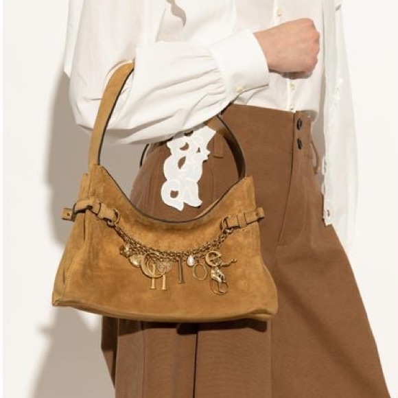 CHLOÉ Charms Camel Brown Suede Leather Gold Khaki Hobo Shoulder Bag Handbag - Picture 9 of 13